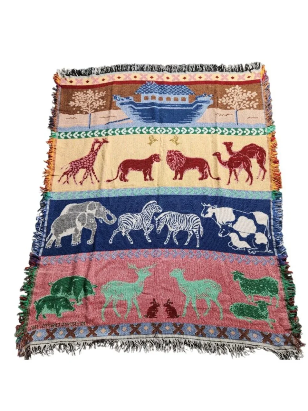 Vtg Crown Crafts Woven Throw Blanket Noah’s Ark Animals Christian Bible 55”x 45”
